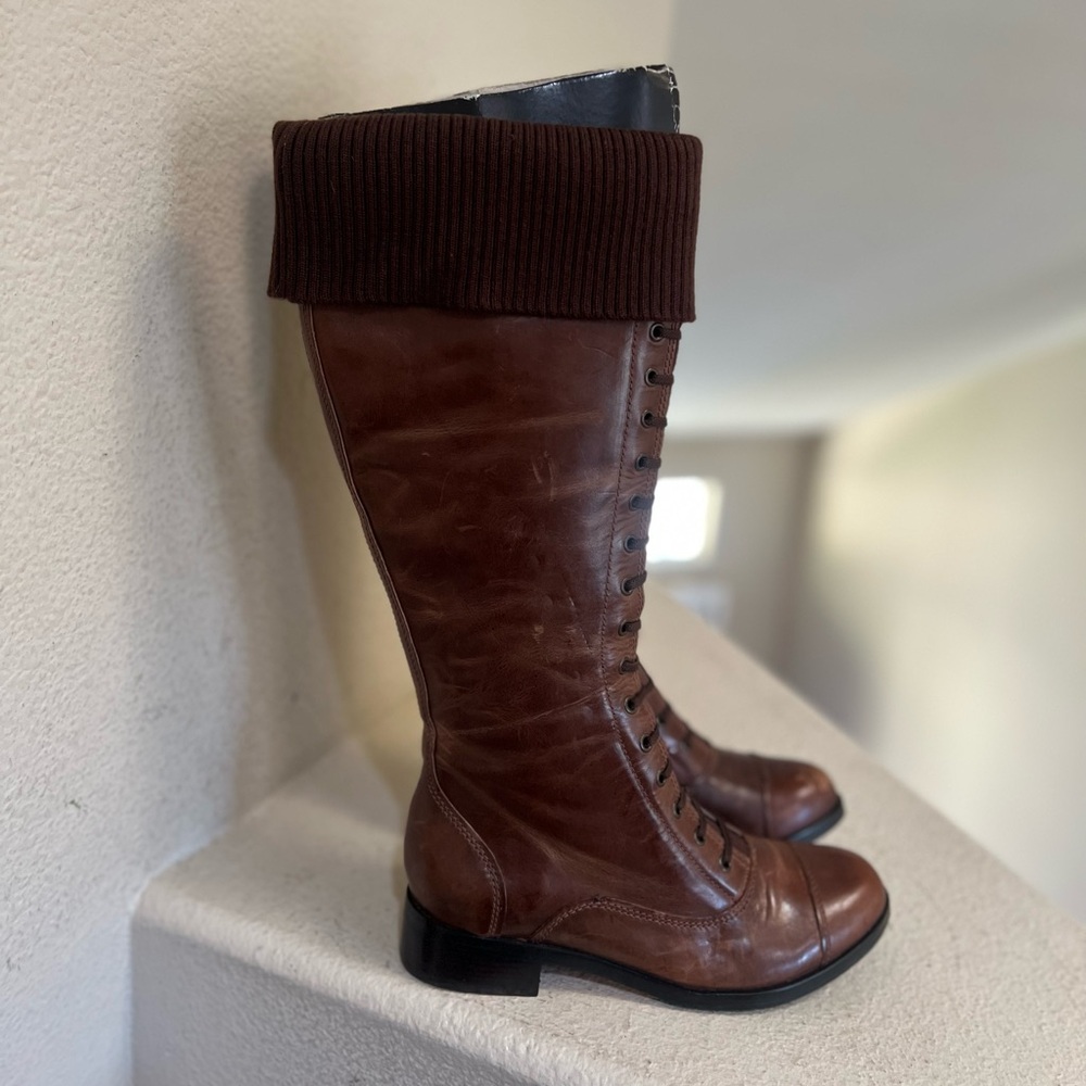 New Flawed Cole Haan Air Whitley Brown Leather Knit-Cuff Knee-High Tall Boot 9